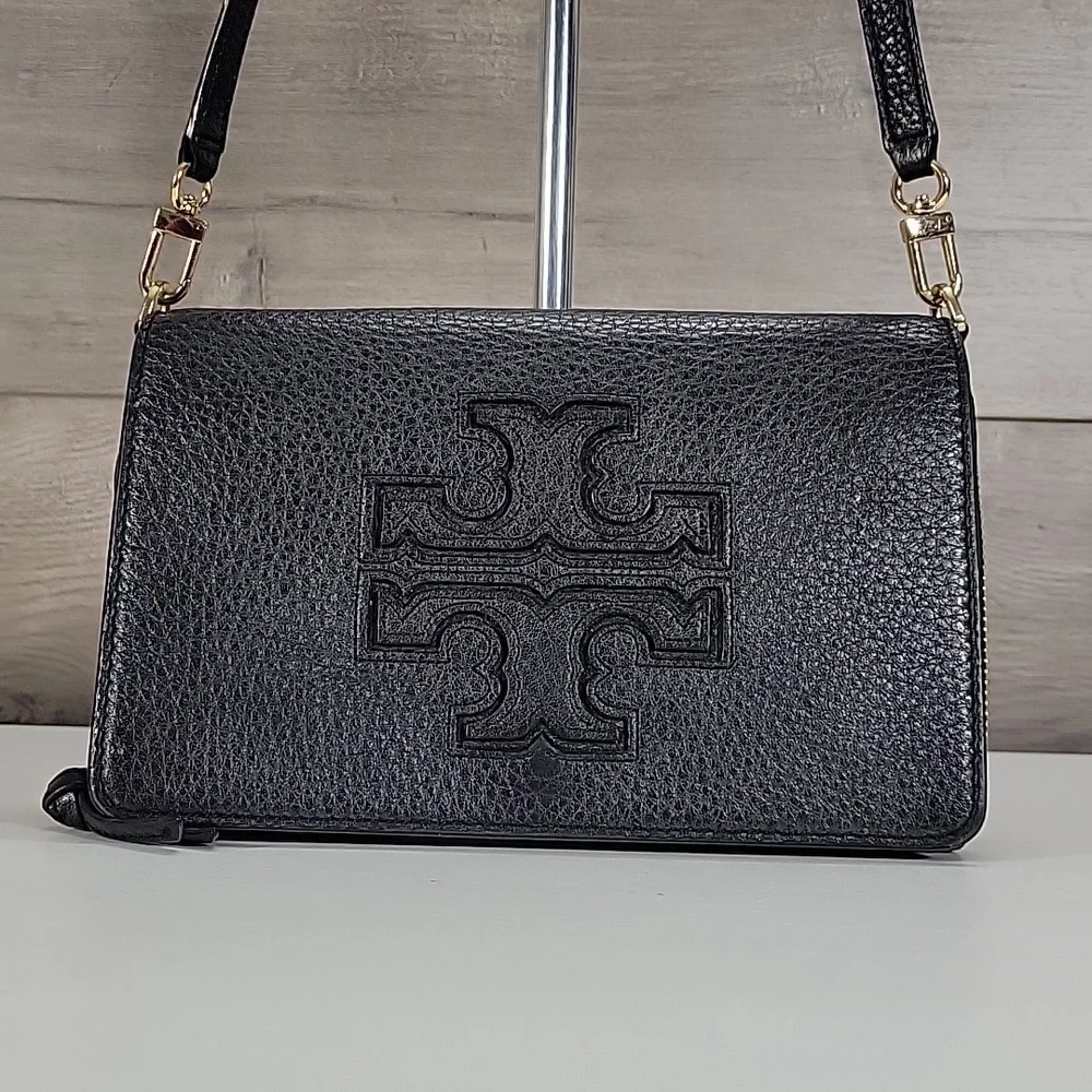 Tory Burch Black Pebbled Leather Flap Front Crossbody Bag